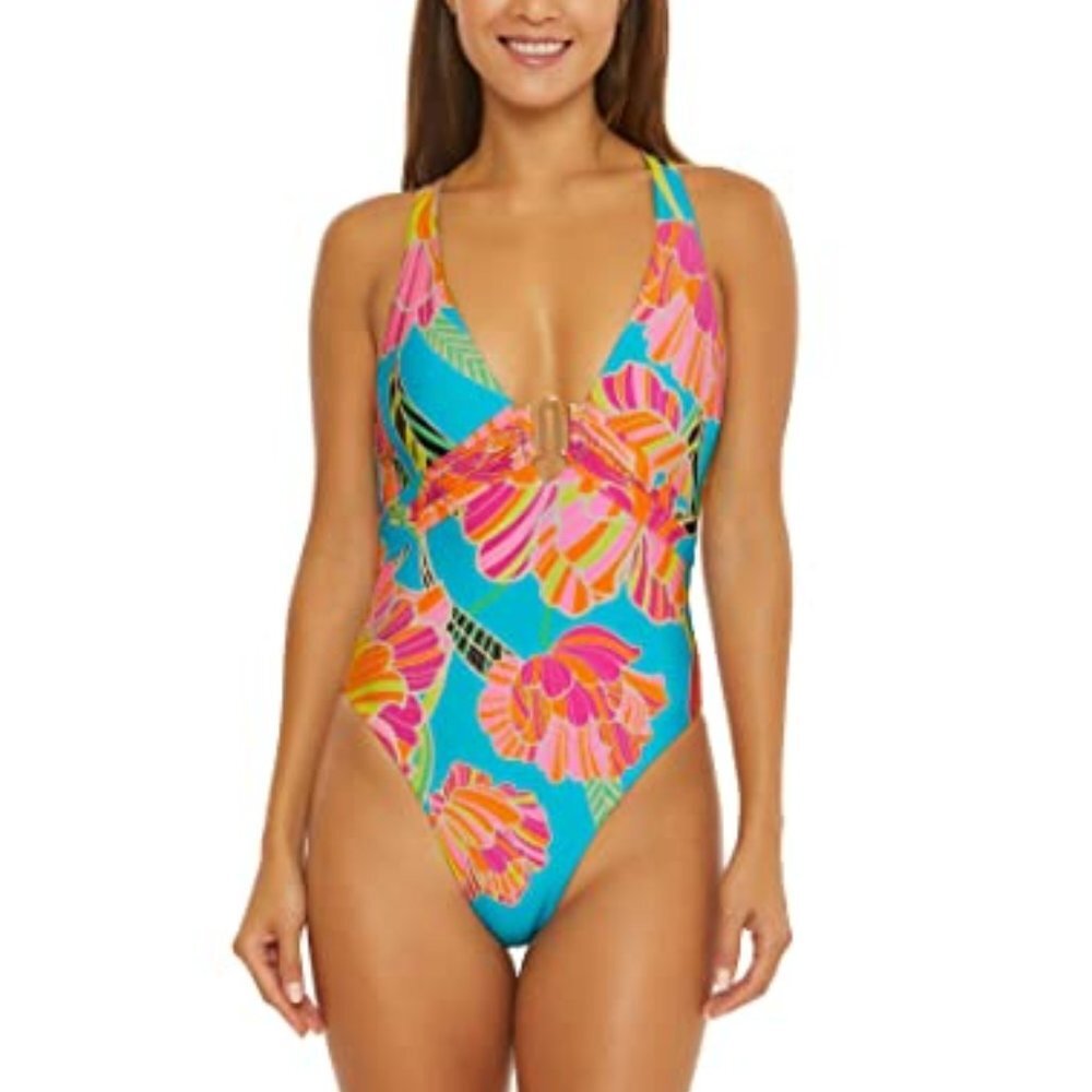 NWT Trina Turk Poppy One Piece Plunge Maillot Swimsuit Floral Tropical Sz 14